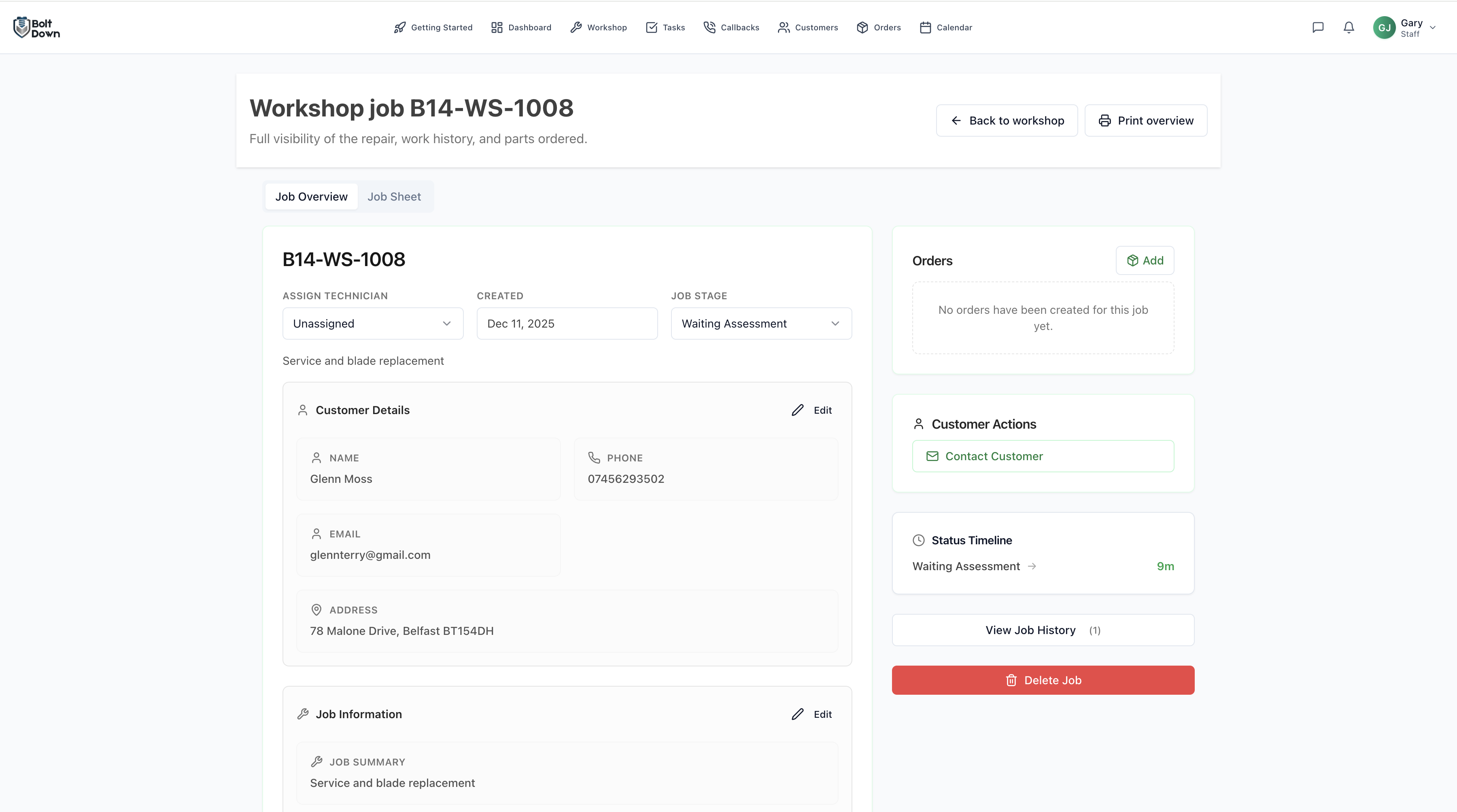 Bolt Down Job View showing detailed job information, customer details, and job sheet