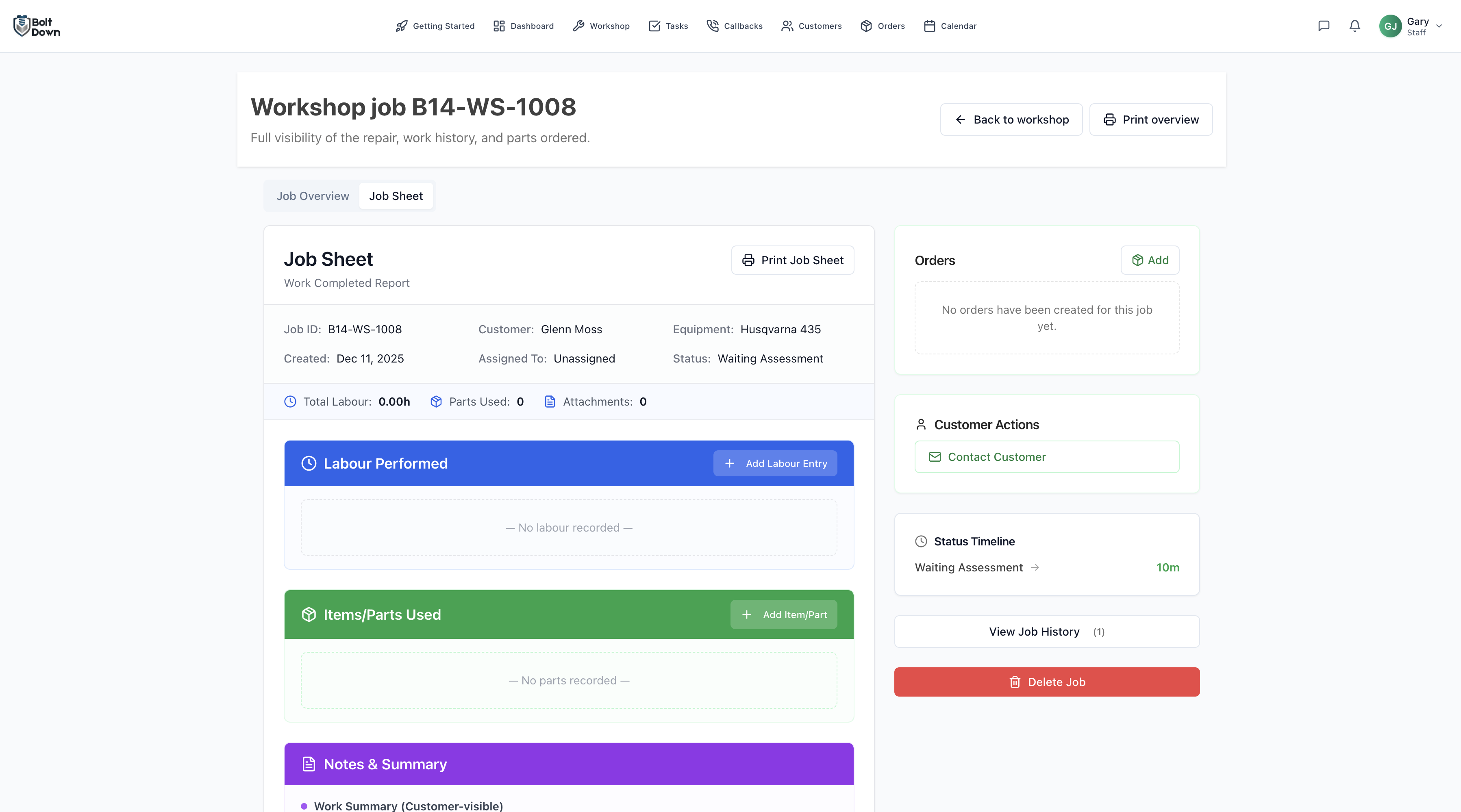 Bolt Down Job Sheet showing detailed work tracking
