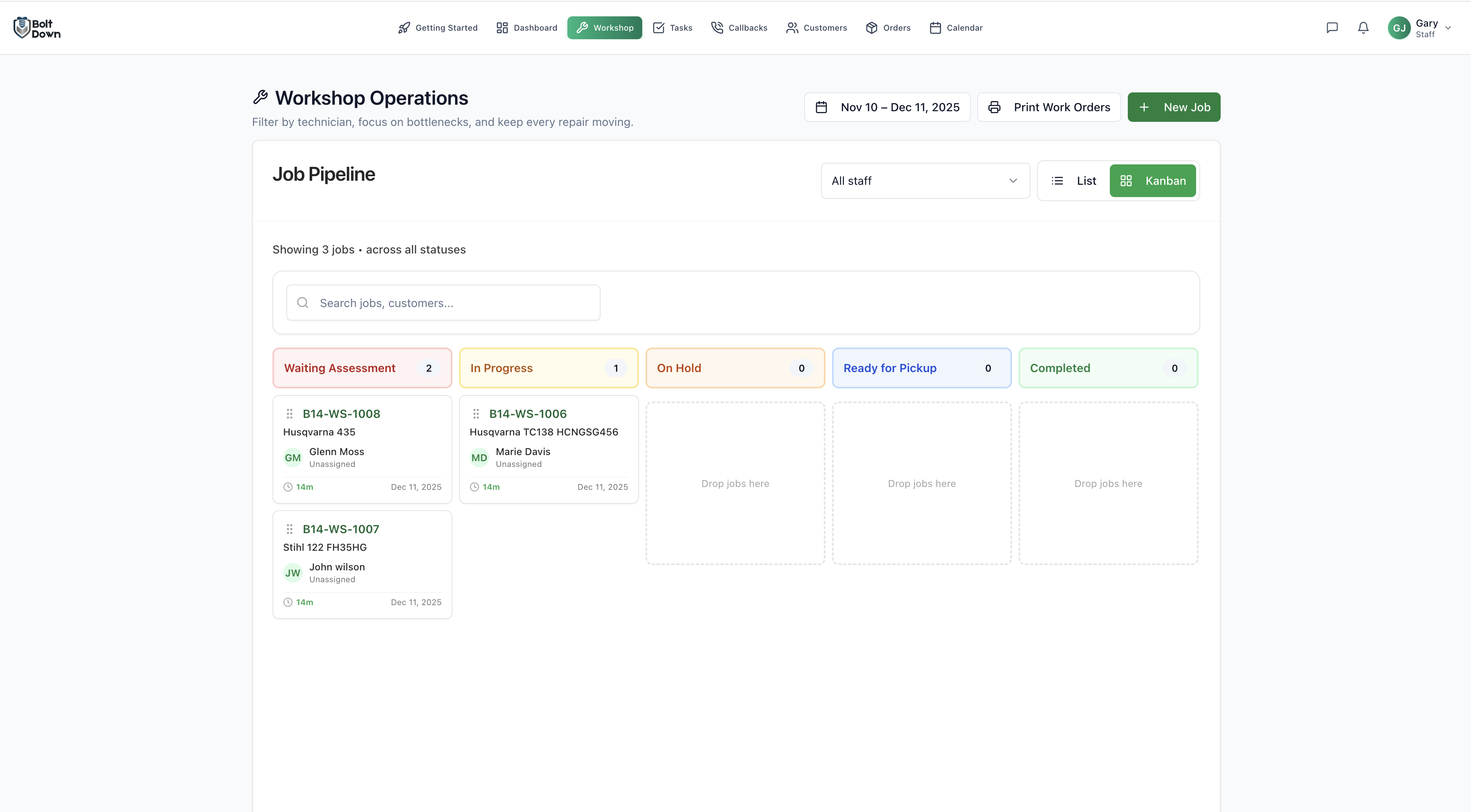Bolt Down Workshop Operations showing Kanban board with job pipeline